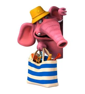 Fun 3D cartoon elephant with a beach bag (on alpha) Stock Illustration