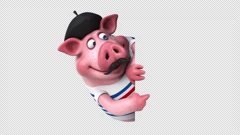 Fun 3D cartoon french pig with a sign (with alpha channel)