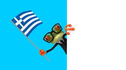 Fun 3D cartoon frog with a flag from greece, alpha channel included Stock Illustration