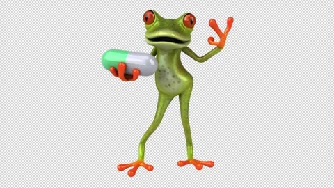 Fun 3D cartoon frog with a pill (with alpha channel) Stock Footage 345565847