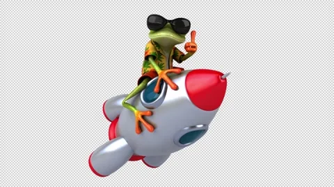 Fun 3D cartoon frog on a rocket(with alpha channel) Stock Footage 345566630