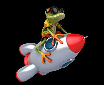 Fun 3D cartoon frog on a rocket Illustrazione stock