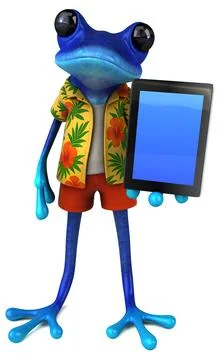 Fun 3D cartoon frog with a tablet  illustration Stock Illustration