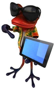 Fun 3D cartoon frog with a tablet  illustration Stock Illustration