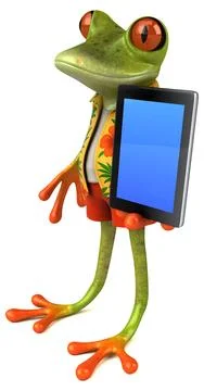 Fun 3D cartoon frog with a tablet  illustration Stock Illustration