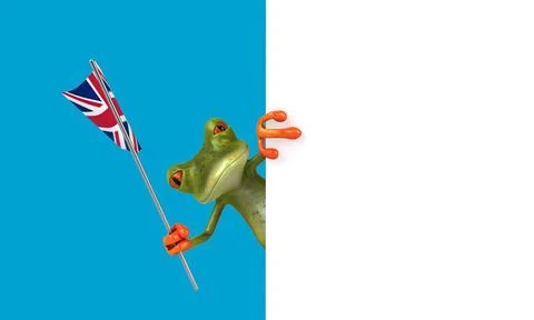 Fun 3D cartoon frog with a UK flag, alpha channel included Illustrazione stock
