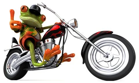 Fun 3D cartoon illustration of a tree frog biker Illustrazione stock