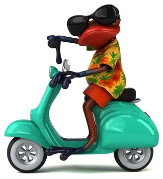Fun 3D cartoon illustration of a tree frog on a scooter Illustrazione stock