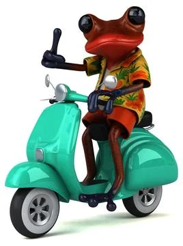 Fun 3D cartoon illustration of a tree frog on a scooter Illustrazione stock