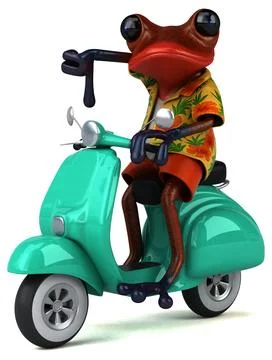 Fun 3D cartoon illustration of a tree frog on a scooter Illustrazione stock