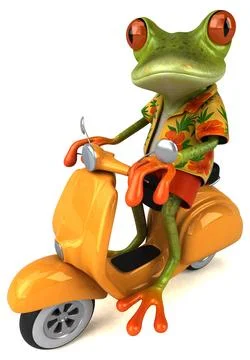 Fun 3D cartoon illustration of a tree frog on a scooter Illustrazione stock