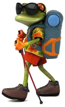 Fun 3D cartoon illustration of a tree frog backpacker Stock Illustration