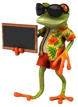 Fun 3D cartoon illustration of a tree frog with a chalkboard Illustrazione stock