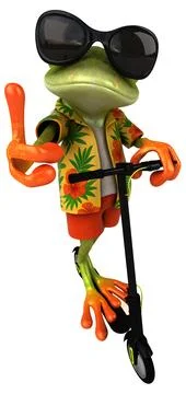 Fun 3D cartoon illustration of a tree frog with a scooter Stock Illustration