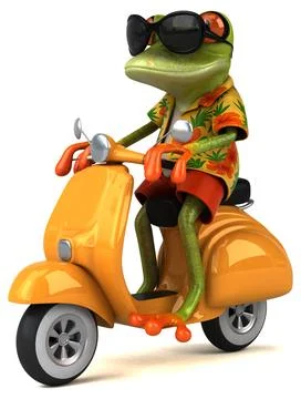 Fun 3D cartoon illustration of a tree frog on a scooter Stock Illustration