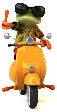 Fun 3D cartoon illustration of a tree frog on a scooter Stock Illustration