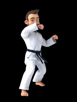 Fun 3D cartoon karateka doing a jodan age uke (with alpha channel) Illustrazione stock