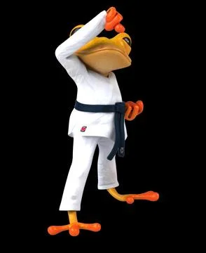 Fun 3D cartoon karateka frog doing a jodan age uke (with alpha channel) Stock Illustration