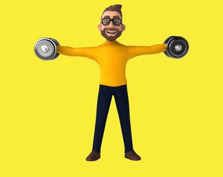 Fun 3D cartoon man lifting weights (with alpha channel included) Illustrazione stock