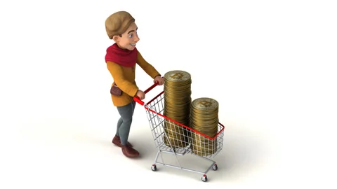 Fun 3D cartoon medieval man shopping with bitcoins Stock Footage 152223547
