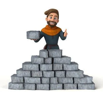 Fun 3D cartoon medieval man building a wall Ilustración de archivo