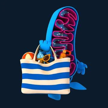 Fun 3D cartoon mitochondria with a beach bag Stock Illustration
