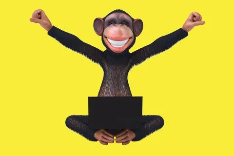 Fun 3D cartoon monkey character with a laptop (with alpha channel) Stock Illustration