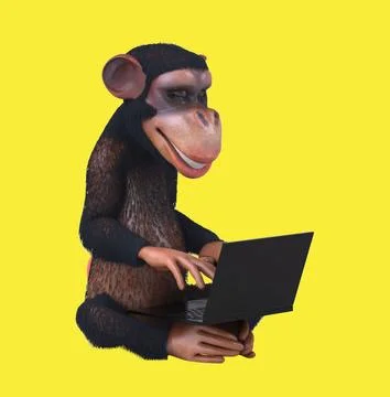 Fun 3D cartoon monkey character with a laptop (with alpha channel) Stock Illustration