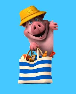 Fun 3D cartoon pig with a beach bag (on alpha) Stock Illustration