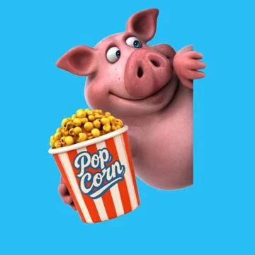 Fun 3D cartoon pig with popcorn Stock Illustration