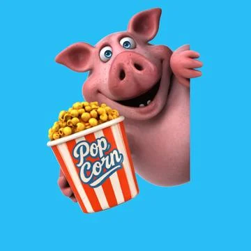 Fun 3D cartoon pig with popcorn Stock Illustration