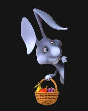 Fun 3D cartoon rabbit with a basket of fruits (on alpha) Stock Illustration