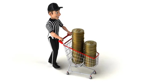 Fun 3D cartoon referee shopping with bitcoins Stock Footage 152223609