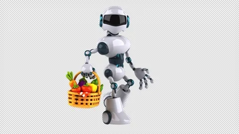 Fun 3D cartoon robot with vegetables (on alpha) Stock Footage 310094979