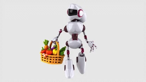 Fun 3D cartoon robot with vegetables (on alpha) Stock Footage 310743959