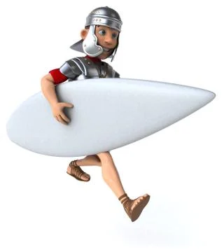 Fun 3D cartoon roman soldier surfing Stock Photos
