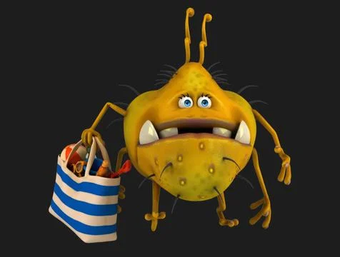 Fun 3D cartoon virus with a beach bag Stock Illustration