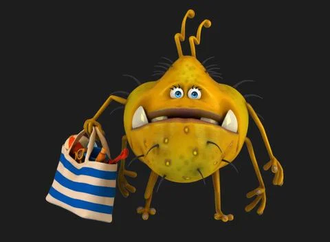 Fun 3D cartoon virus with a beach bag Stock Illustration