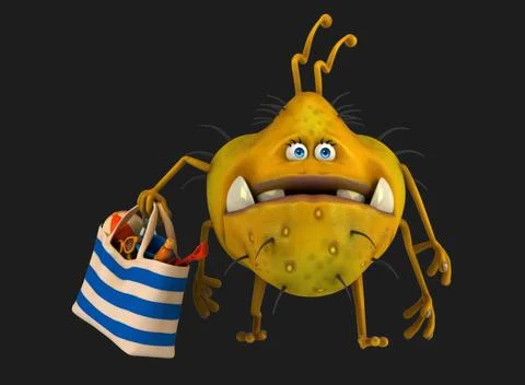 Fun 3D cartoon virus with a beach bag Stock Illustration