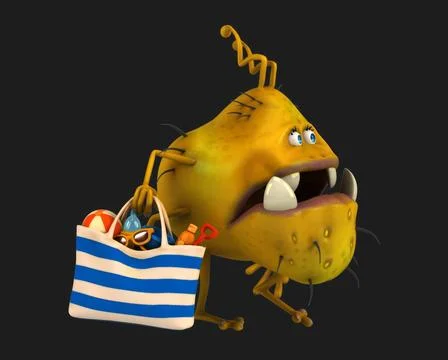 Fun 3D cartoon virus with a beach bag Stock Illustration