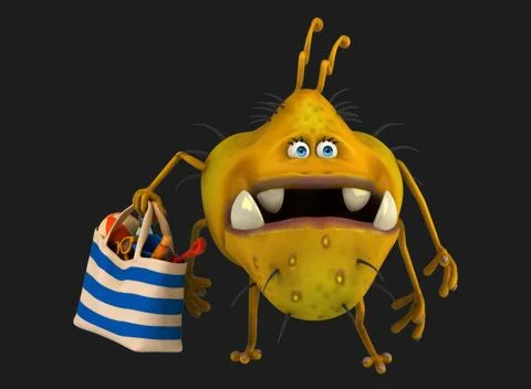 Fun 3D cartoon virus with a beach bag Stock Illustration