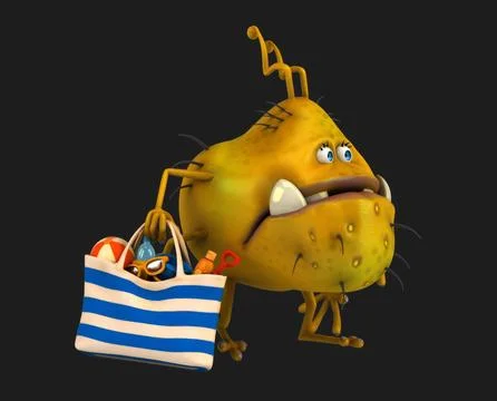 Fun 3D cartoon virus with a beach bag Stock Illustration