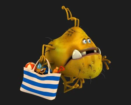 Fun 3D cartoon virus with a beach bag Stock Photos