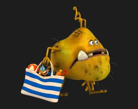Fun 3D cartoon virus with a beach bag Stock Photos