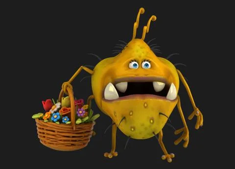 Fun 3D cartoon virus with flowers Stock Illustration