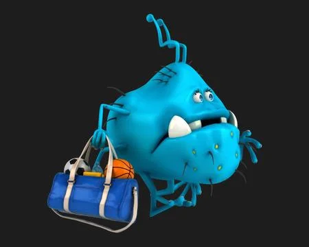 Fun 3D cartoon virus with a sports bag Stock Illustration