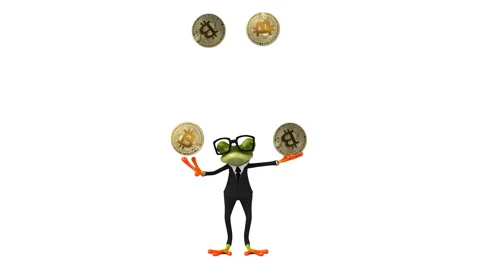 Fun 3D green frog juggling with bitcoins Stock Footage 151258456