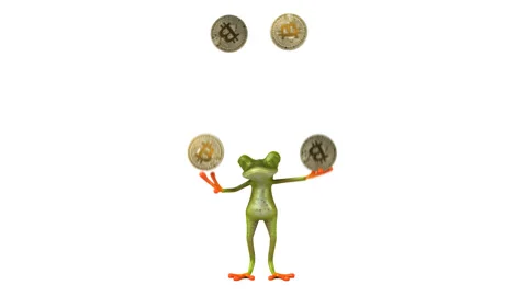 Fun 3D green frog juggling with bitcoins Stock Footage 151258576