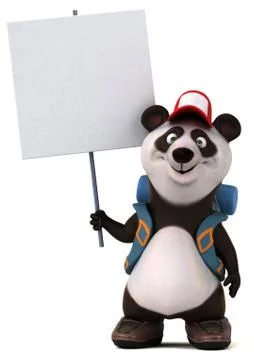 Fun 3D panda backpacker cartoon character Stock Illustration