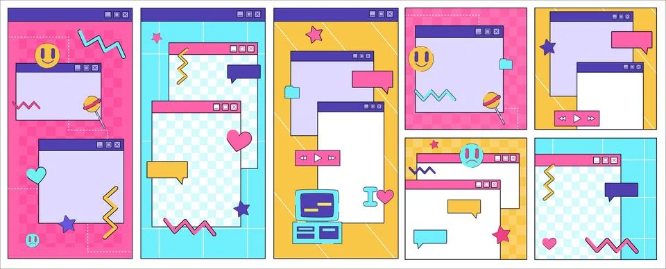 Fun 90s posters. Retro PC windows. Minimal post art collages. Vaporwave story Illustrazione stock